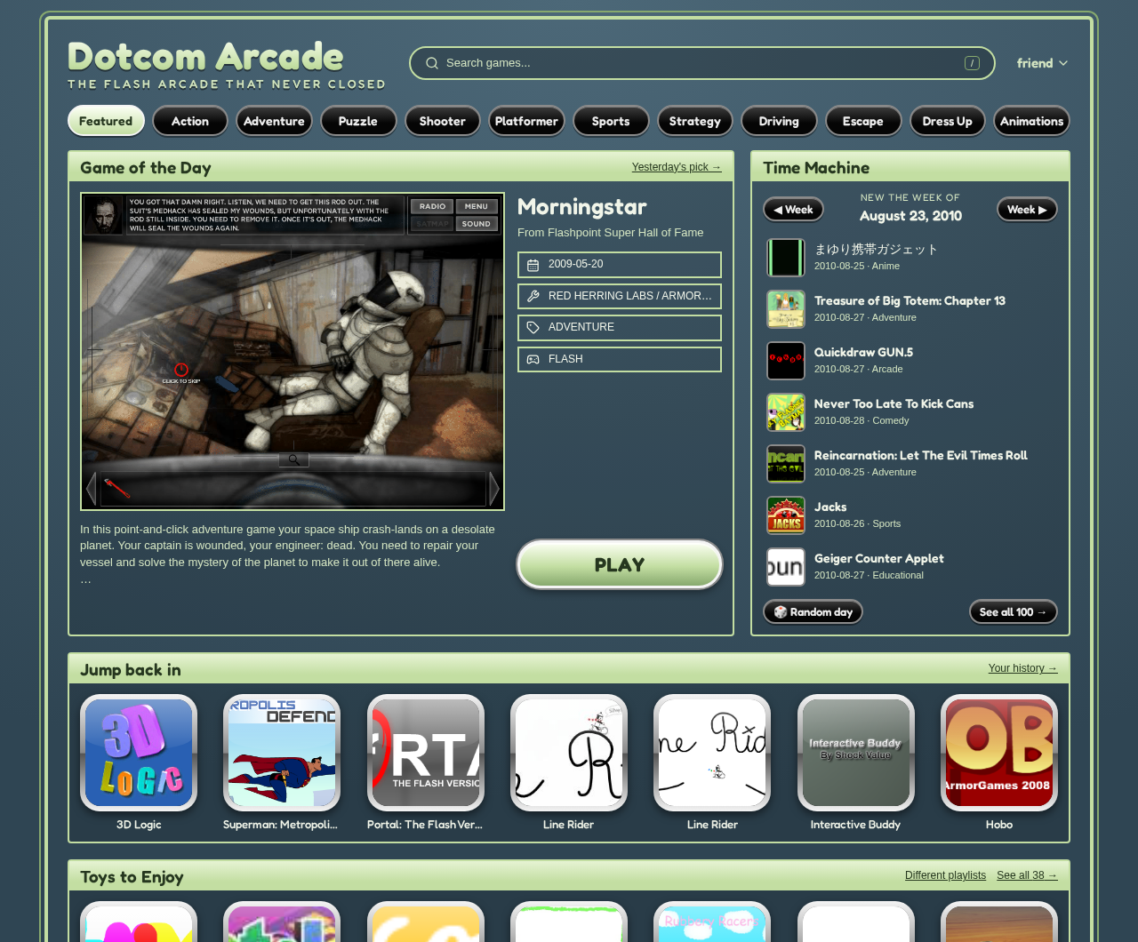 The Dotcom Arcade homepage