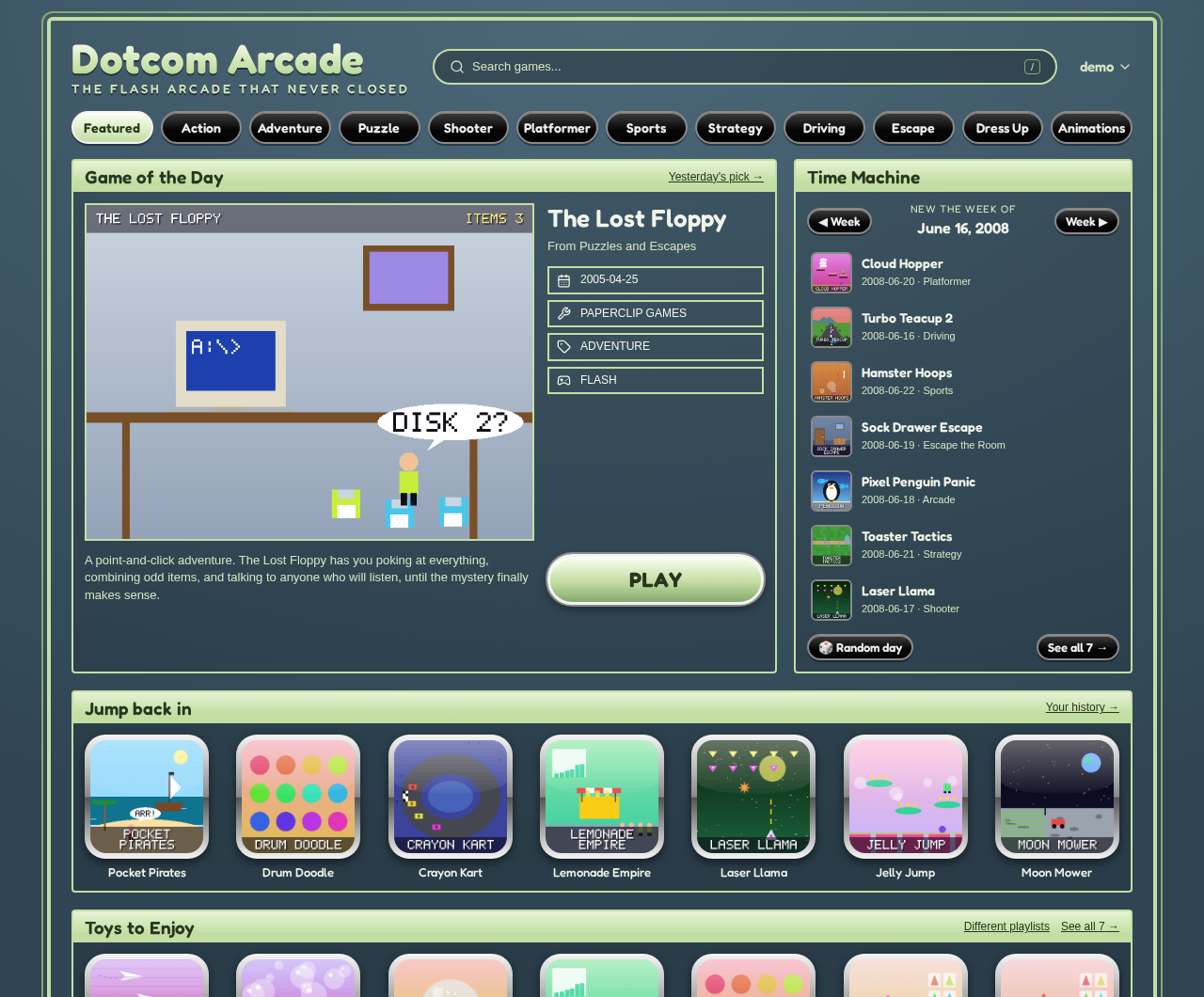 The Dotcom Arcade homepage